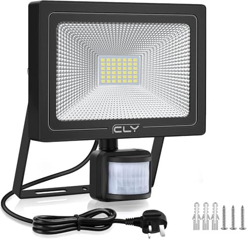 CLV 35W Plug in Security Lights Outdoor Motion Sensor, 3000Lumen Motion Sensor Floodlight with 1M Cable UK Plug, 6500K Cold White IP66 Waterproof PIR Lights Outdoor for Garden Forecourt Garage Pathway