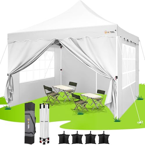 HOTEEL Pavillon 3x3 Faltpavillon 3x3 Wasserdicht Stabil mit 4 Seitenteilen und 4 SandsäCke, Uv Schutz 50+ Partyzelt Gartenpavillon Pop Up Pavillon, Stahlrahmen, Hoher Gipfel, Weiß