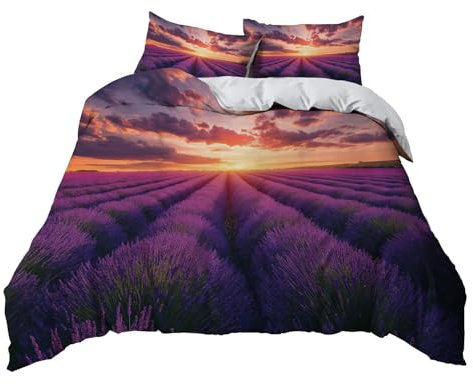YBRAVO Lila Bettwäsche Set 135x200 cm Lavendelblüten bei Sonnenuntergang Bettbezug Druck Bettwäsche 3 Teilig, Modern Weich Mikrofaser Bettbezug mit Reißverschluss und 2 Kissenbezüge 80x80 cm