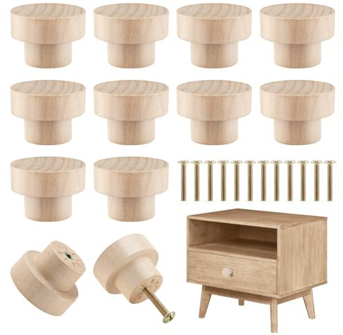 GlasFlength Pomos de Madera 12 Piezas, 25 x 35 mm Tiradores para Cajones Redondo Tirador con 12 Tornillos para Cocina Perillas de Madera de Puerta Armarios Dormitorio Aparador Gabinete