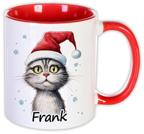 Unikatolo Weihnachtstasse mit Name personalisiert, lustig witziges Wichtelgeschenk Winter-Tasse Kinder Erwachsene rot weiß Glühwein-Becher Nikolaus Wichteln kleine Geschenkidee niedlich (Katze 2)