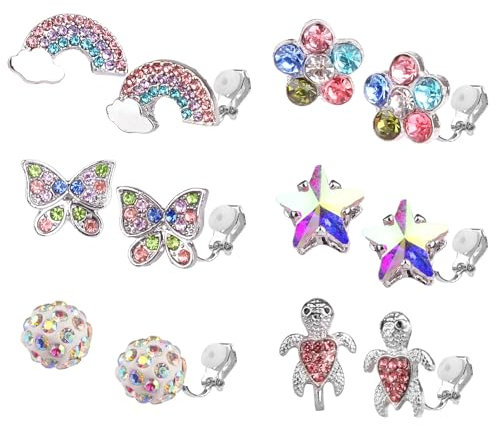 6 Paar Ohrclips Mädchen, Bunt Ohrclips harz, Ohrringe Klipp für Kinder, Clip Ohrringe Mädchen, mit Schmetterlinge, Blumen, Sterne usw., Nein Durchbohrt, für Mädchen