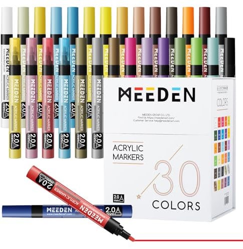 MEEDEN Artist 30 Colors Acrylic Paint Markers - 3X Visible Large Capacity Acrylic Paint Pens with Upgraded Nylon Tips, Quick Dry Marker Pens for Rock Painting, Wood, Canvas, Stones, Glass, Fabric