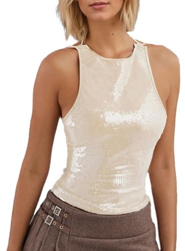 EMOTTOS Mujeres Lentejuelas Tops sin Espalda, Sexy Halter Purpurina Camiseta de Tirantes con Correa Ajustable, Y2K Slim Fit Camisola sin Mangas, Sparkly Tops para Verano Club Fiesta, Beige, L