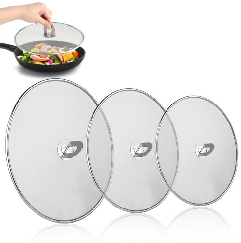 KUOFANY 3 Pezzi Paraschizzi Padella Cucina, Paraspruzzi in Acciaio Inox, Protezione Contro Schizzi di Olio Paraspruzzi Antigrasso con Maniglia da Cucina Pieghevole, Coperchio Paraspruzzi Ø 33/29/25cm