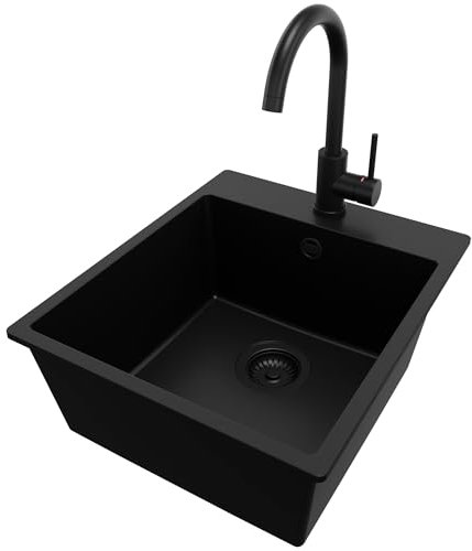 PRIMAGRAN Fregadero Granito Todo Negro 43x50cm, Cocina 1 Seno + Grifo 32x20cm + Sifón, Sobre encimera al mueble 45cm - Riga