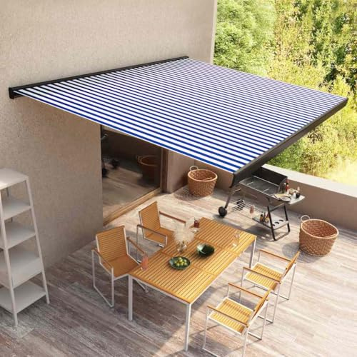 LAPOOH Motorisierte Kassetten-Markise, Balkon Markise, Sonnenschutz, Balkon überdachung, Sonnenmarkise, Terrassen-markisen, 350x250 cm Blau und Weiß