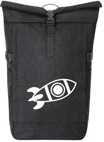 Huuraa Kurierrucksack Rakete Raumschiff 30-44 Liter Black Melange Fairtrade Rolltop Rucksack Geschenkidee