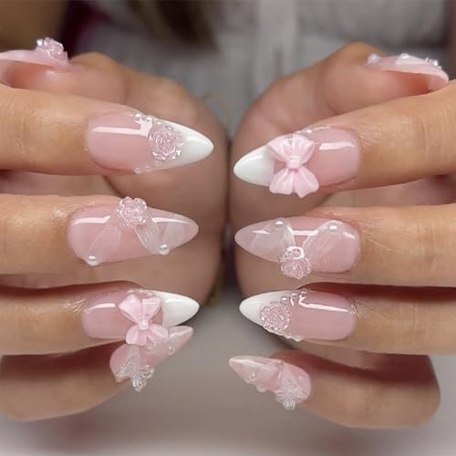 CharmBurst 24 pièces d'ongles à presser motif nœud rose, ongles artificiels motif floral 3D, ongles amande acrylique style français à coller, faux ongles