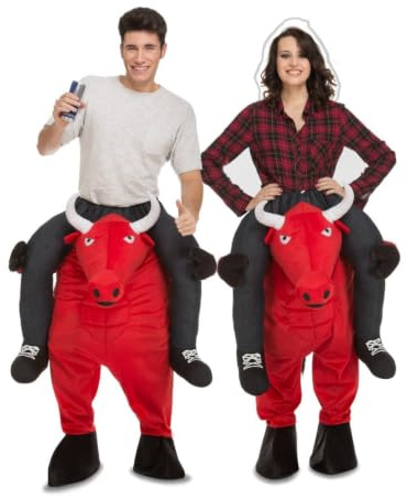 My Other Me - Disfraz Toro adulto unisex talla única (XS a XL) rojo | Incluye pantalón rojo con cabeza de toro, cuernos blancos, pezuñas negras y piernas falsas grises y zapatos