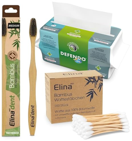 ebrando Hygiene-Bundle 3-teilig | Antibakteriell mit 100 Falthandtüchern, nachhaltige Bambus-Zahnbürste, 200 Wattestäbchen, für jedes Alter, komplett stromlos.
