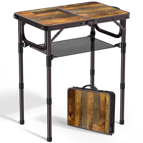 Anbte Mesa Plegable Camping 59x40x26/48/70cm Ajustable Altura Mesa Playa | Mesas de Acampada Portátil,Aluminio, Impermeable, para Camping,Terraza Playa Exterior Interior BBQ Color Marrón