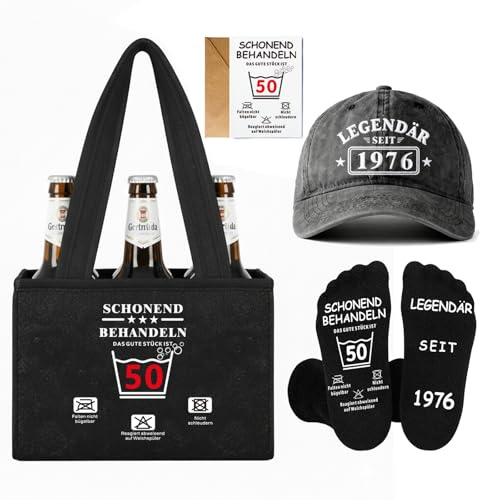 Gratitopia Geschenkset für Männer, 4-in-1 Bierträger aus Filz mit Baseballcap, Anti-Rutsch-Socken & Grußkarte, Lustige Geschenke für Geburtstag 50 60 70 & Ruhestand, für Opa Papa Ehemann Kollegen