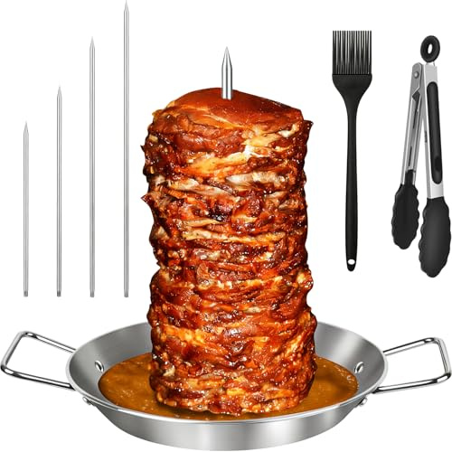 Vertical Kebab Skewer Stand, 10 inch Stainless Steel Shawarma Gyro Barbecue Pan with 4 Removable Spikes(6”/8”/10/12”), Kitchen Tongs & Brush, Kebab Skewer Maker for Grilling Meat, Chicken, Fish, Taco