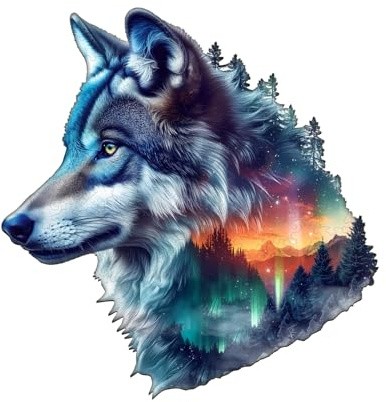 KaayeeWood Holzpuzzle Erwachsene,Aurora Wolf Holzpuzzle,Einzigartige Wooden Puzzle Mit Geschenkbox,Geschenke für Erwachsene 14+(190 Stück,34 * 32.7cm)