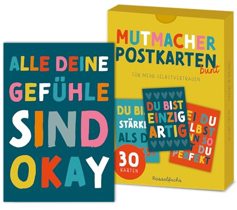 Rüsselfuchs Positive Sprüche Postkarten - 30 Stück Mutmacher-Karten - 15 Motive, jedes Motiv doppelt - Affirmationskarten DIN A6 bunt