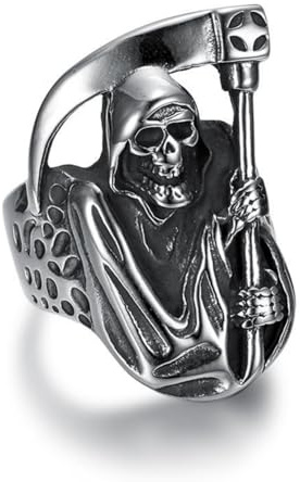 Der Ring, 3D-modellierter Ring aus Titanstahl mit Sensenmann-Motiv for Black-Metal-Festivals, robuster Dark-Punk-Biker-Ring