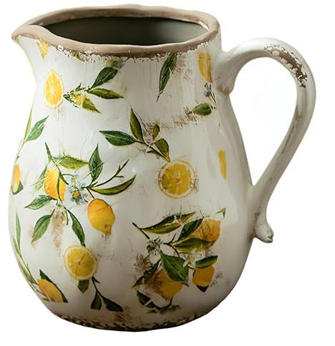 Syddol Vintage Lemon Ceramic Jug Vase, Rustic Crackle Glaze Pitcher Flower Vase for Fresh Flowers, Leak-Proof Cottagecore Decorative Pot for Kitchen & Home Decor (Small 16cm / Large 20cm) (Large)