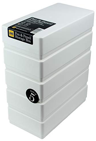 WestonBoxes Plastic Storage Boxes with Lids for Pens, Pencils and Stationery - 1.4 Litre Volume (White, Pack of 5)