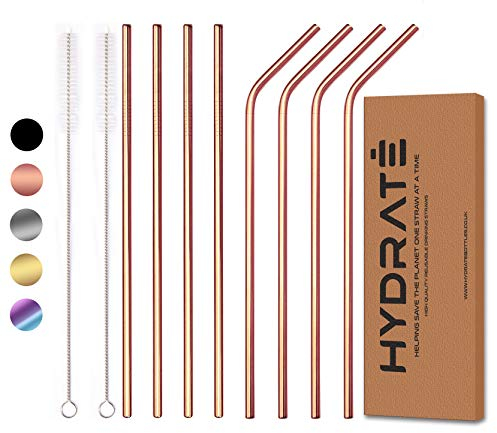HYDRATE Stainless Steel Straws - Reusable, Eco Friendly - BPA Free Metal Straw - Many Colour Options (8 Pack, Rose Gold)