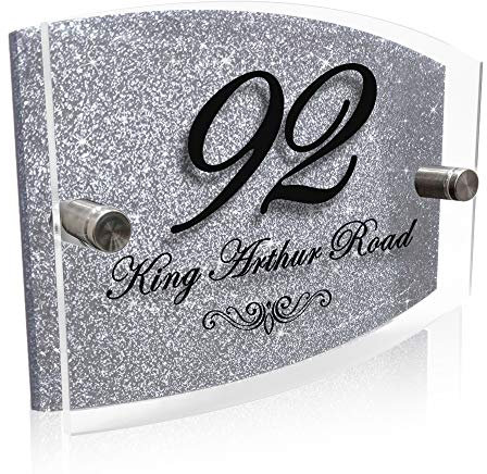 Modern House Sign Plaque Door Number | Personalised Glass Effect Acrylic Glitter Sign | Personalised House Number Hand Finished in UK (Silver, Design D)