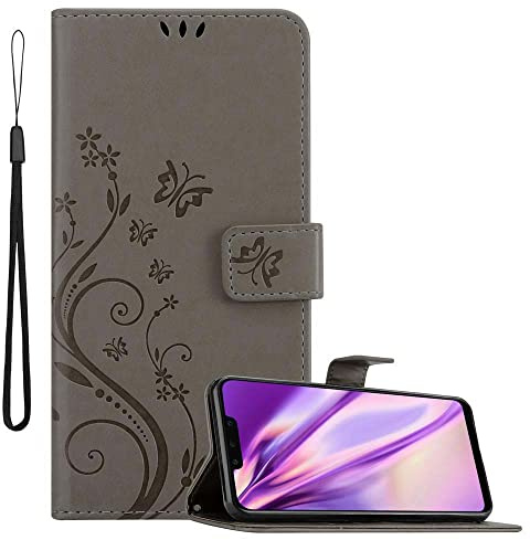 Cadorabo Hülle kompatibel mit Huawei Mate 20 LITE Blumen Design aus Kunst Leder Flip Klappbare Stoßfeste Magnetische [Standfunktion] [Kartenfächern] Cover Hülle für Huawei Mate 20 LITE Tasche in Grau