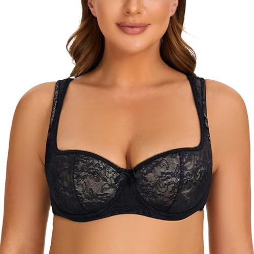 MELENECA Women's Balconette Bra with Padded Strap Half Cup Underwire Sexy Lace