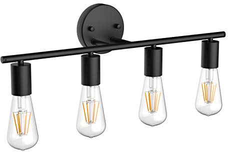 Klighten Vintage Spiegelleuchte Bad, Industrial E27 Spiegellampe 4 Flamming, Badleuchte Badlampe Wand, Schwarz Metall Wandlampe Innen Wandleuchte, Länge: 56cm/22zoll, Ohne Leuchtmittel