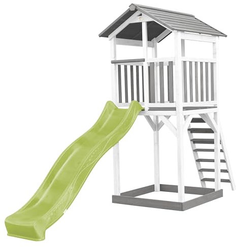 AXI Beach Tower Spielturm aus Holz in Weiß & Grau | Spielhaus für Kinder mit hellgrüner Rutsche und Sandkasten | Stelzenhaus für den Garten.