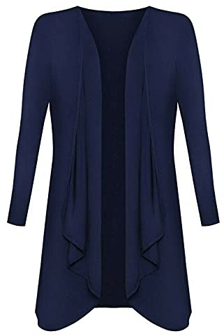 Ladies Hanky Hem Jersey Open Waterfall Boyfriend Women Plus Size Cardigan Top Full Long Sleeve Floaty Duster Jacket Coat Blazer UK (Navy Blue, 18)