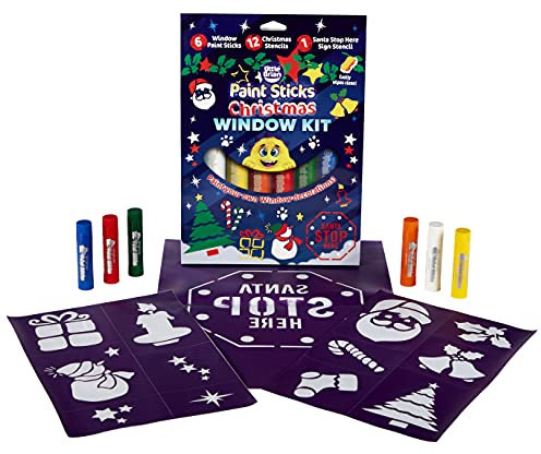 Little Brian Paint Sticks for Kids - Window Art, 6 Pack Assorted Festive Colours & 12 Christmas Stencils - Mess-Free, Easy Clean Up, Fast Drying Action, Vibrant Colours, Multi-Surface, Twist & Paint