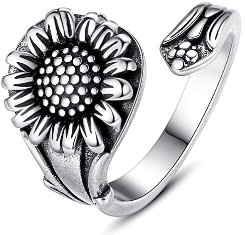 Vintage Silver Spoon Ring, Victorian Boho Flower Spoon Rings for Women, Adjustable Wrap Around Open Ring Statement Jewelry, silver, No Gemstone