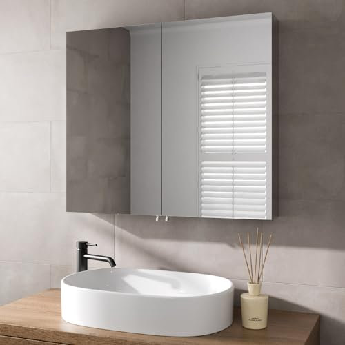 Artis® 800 x 700mm Bathroom Mirror Cabinet Storage Wall Mounted Cupboard Ready Assembled Unit Double Mirrored Door, Stainless Steel