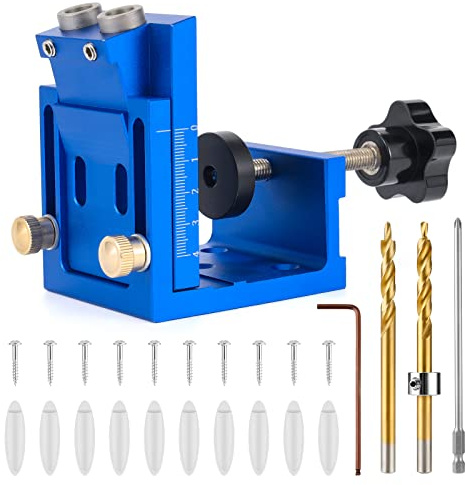Pocket Hole Jig Set, Taschenloch Bohrschablone, Schrägloch Bohrschablone, Taschenloch Bohrhilfe, Schrägloch Bohrhilfe, Schräg Bohrvorrichtung mit 10 Schrauben 10 Dübelhilfe 2 Bohrer, Blau