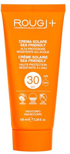 Rougj Crème Solaire SPF 30 Visage & Corps 100 ml – Protection Solaire Adultes, Résistante à l’Eau, Peaux Sensibles, avec Calendula & Beurre de Karité – Sans Parabènes – Made in Italy