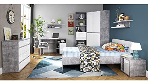 expendio Jugendzimmer Coburg 20 Betonoptik weiß 8-teilig Kinderzimmer Jugendbett Nako Eck-Kleiderschrank 3X Regal Kommode Schreibtisch