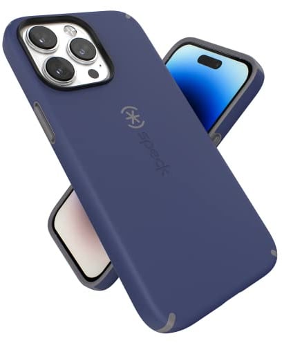 Speck Gebaut für iPhone 14 Pro Max Hülle: Fallschutz, Kratzfest, MagSafe mit Soft-Touch-Beschichtung, 6,7 Zoll iPhone 14, zweilagige Hülle, Preußischblau/Wolkengrau Candyshell