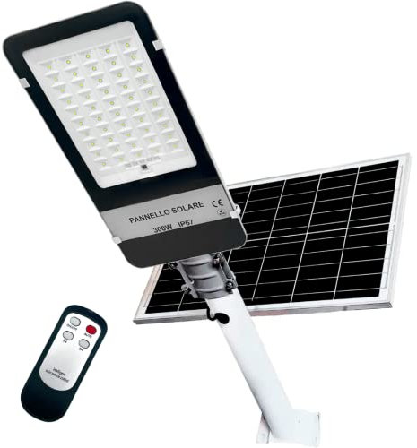 MAKA Lampione con Pannello Solare Monocristallino Led Esterno con Palo Telecomando Leds Impermeabile Ip66 Faro Luce Fredda 6500K 12 Ore Autonomia Sensore Crepuscolare Stradale Giardino (300W new)