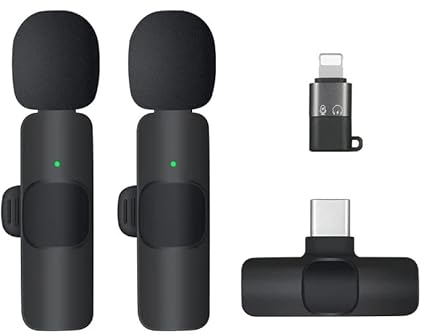 Wireless Lavalier Microphone 2.4GHz 2 in 1 Portable Mini Clip-On Microphone Wireless Compatible with Android Samsung type- C Dual and Apple Lightning 8 Pin (2x microphone)