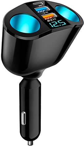 2026 New Upgrade 5 Port Cigarette Lighter Splitter,QC3.0&PD 20W Super Fast Car Charger with Dual Cigarette Lighter Plug with LED Voltmeter Compatible with iPhone 14 Pro iPad Dash Cam GPS (PD+QC+2.4A)