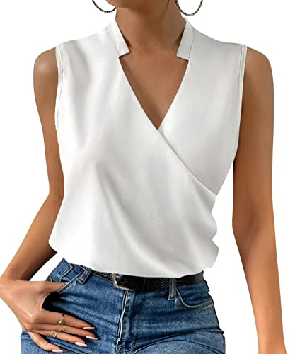 ORANDESIGNE Débardeur Femme Chic Et Élégant Top Chemisier Sexy Blouse Ample Haut Été sans Manches Tee Shirt Col V Fluide Mode Casual Chemise Classique Debardeur Travail Camisole A Blanc 3XL