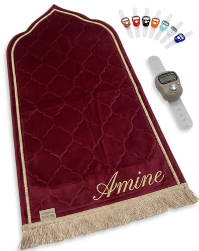 belinia prestige Prayer mat, mit Namen - Personalisierter Luxus-Gebetsteppich, Muslimischer Teppich, Geschenkidee (Rouge-Rectangle)