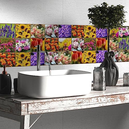 Fliesenaufkleber Lavendel Sonnenblumenrose Küchenrückwand Selbstklebend PVC Klebefliesen Hitzebeständig Mosaikfliesen Wasserdicht Fliesenaufkleber Bad Ölfest Spritzschutz Fliesenfolie 15x15cm/30 Pcs