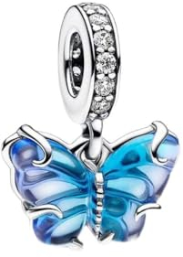 Femme Charms- Papillons en verre de Murano bleu Argent Sterling 925 Pendentif avec Zircon Cubique pour Bracelet