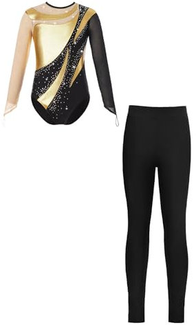 iEFiEL Mädchen Turnanzug Glitzer Gymnastik Leotard Langarm Akrobatik Anzug Tanzkostüme Turnbody Jumpsuit mit Sport Leggings Zd Gold 134-140