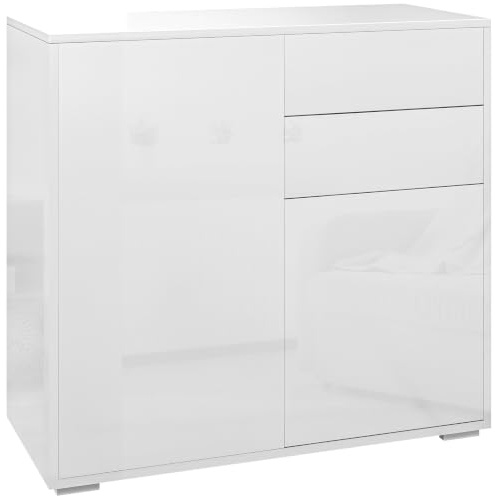 HOMCOM Mobiletto 2 Cassetti e 2 Ante 79x36x74cm Bianco Lucido | Apertura a Pressione, Mobile con 2 Cassetti e 2 Ante, per Casa e Ufficio