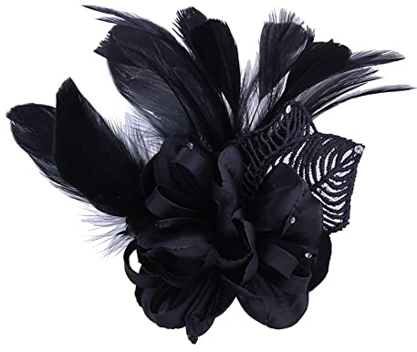 iSpchen Federbrosche Brosche Brautschmuck Broschennadel Sicherheitsnadel Damen Mädchen Kostüm Zubehör Bouquet Corsage Handgelenk Blume Hochzeit Anstecknadel für Schals Tücher Retro Schwarz