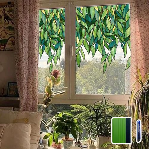 ChicSkin Original Hand Drawn Faux Stained Glass Window Hanging Clings，Double Sided See Through Green Leaves Window Film for Living Room,Glass Front Door, Emerald Leaves Sticker 16.93X45.28