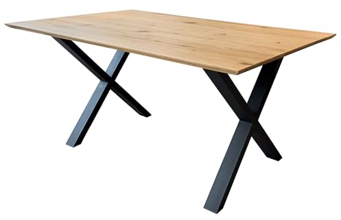 Lomadox Tisch Esstisch 180x90cm mit Schweizer Kante, Wildeiche massiv geölt, Metallfußgestell