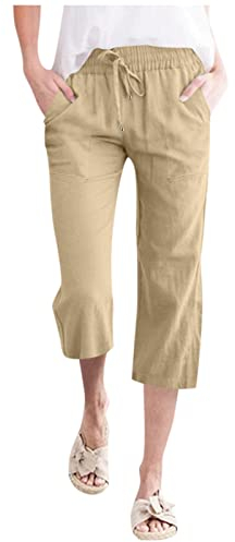 WDCHAOYUE Stoffhose Damen Lässige Woman Baseball Sommer Capri Joggers Klassische Straight mit Taschen Boxy mit Gummibund Beige
